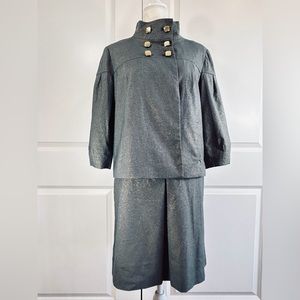 Womens Suit Gray Gold Metallic Sparkle 2 PC Skirt Jacket Lined Funnel Neck